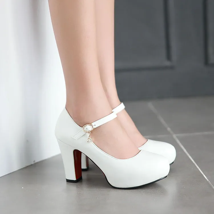 2018 Women Thick Heel Round Head Patent Leather White High Heel Rhinestone Platform All Match Dress Shoes Small Bie Size 32 43