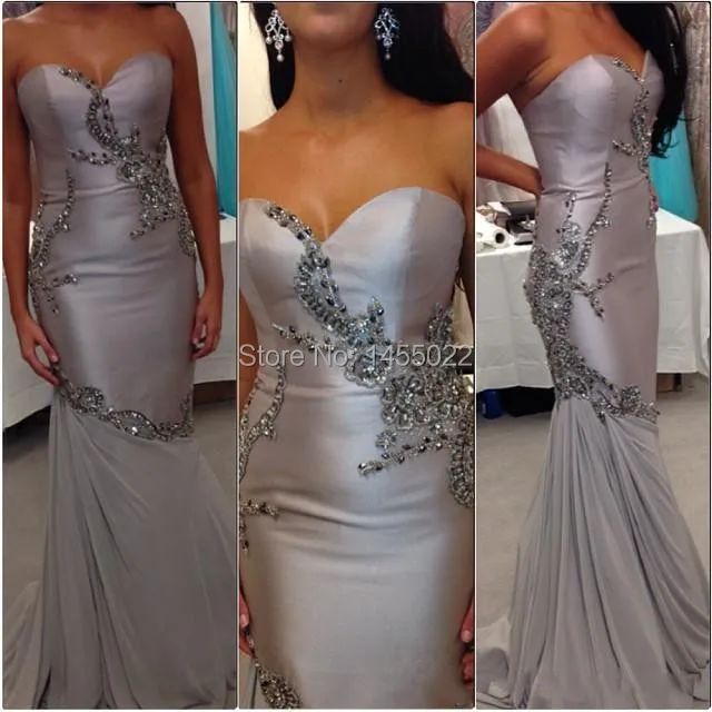 

High Quality 2015 Mermaid Sweetheart Prom Dresses Rhinestone Gown Long Beaded Silver Luxury Crystal Evening Dress Robe de Soiree