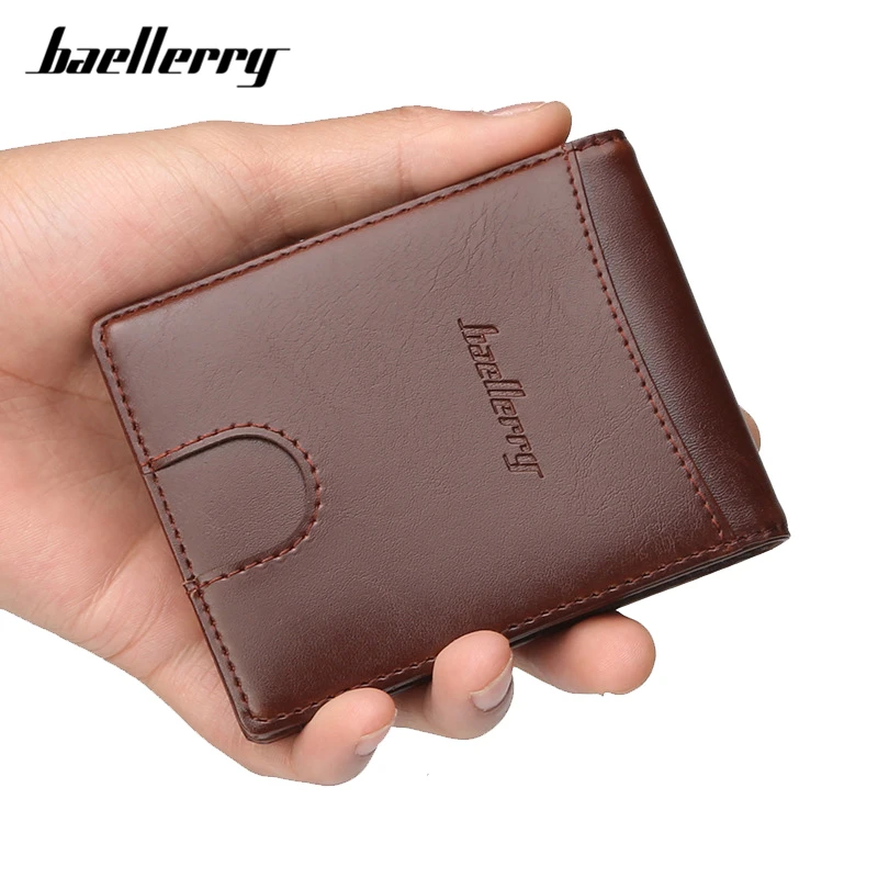 

baellerry Small Men's Leather Money Clip Wallet Card Slot Metal Clamp Cash Holder For Man Purse With Zipper Coin Pocket