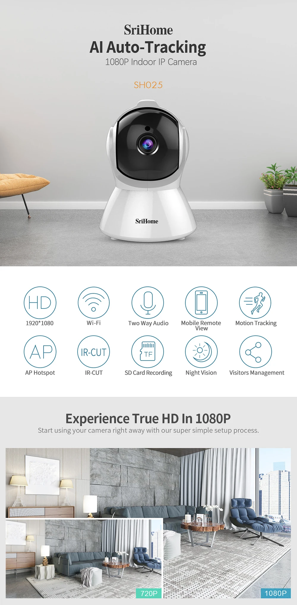 SriHome SH025 1080P AI автоматическое отслеживание Беспроводная внутренняя ip-камера ИК ночного видения умная камера слежения за движением