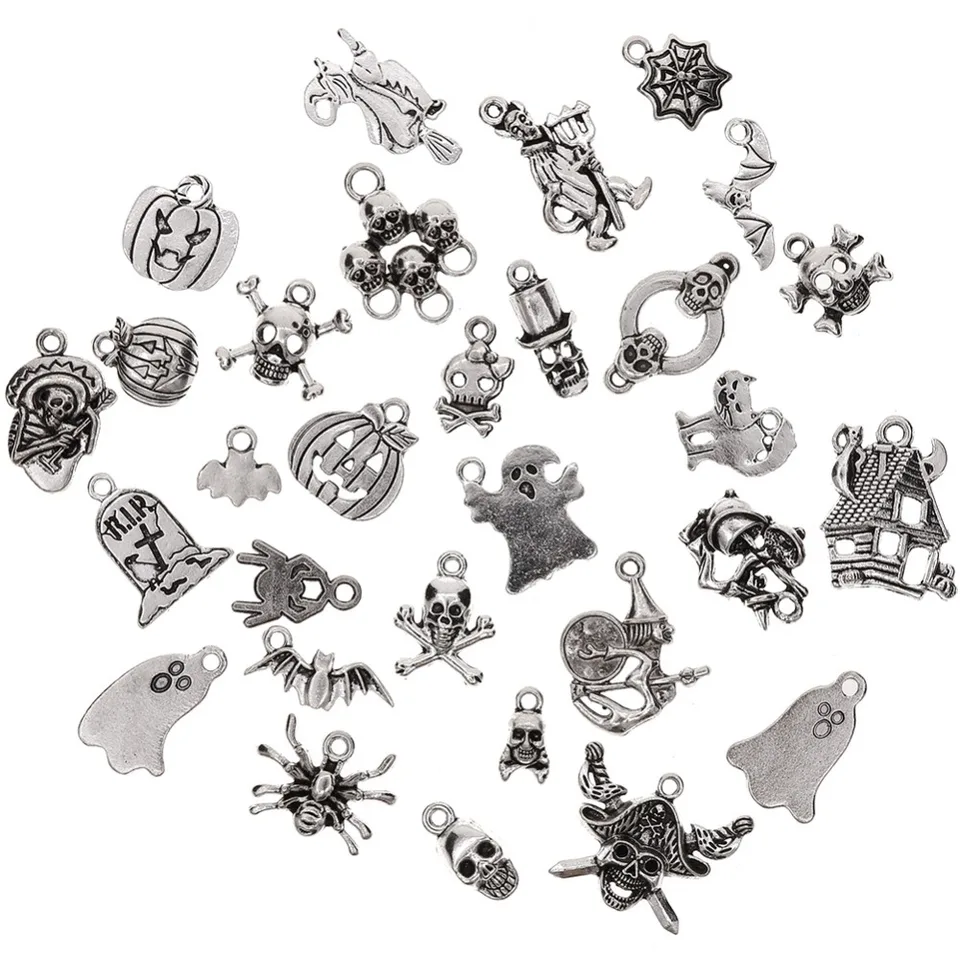 Pumpkin Skull Spider Witch Charms Pendants Qpout 57pcs Halloween Silver Mixed Antique Charms Pendants