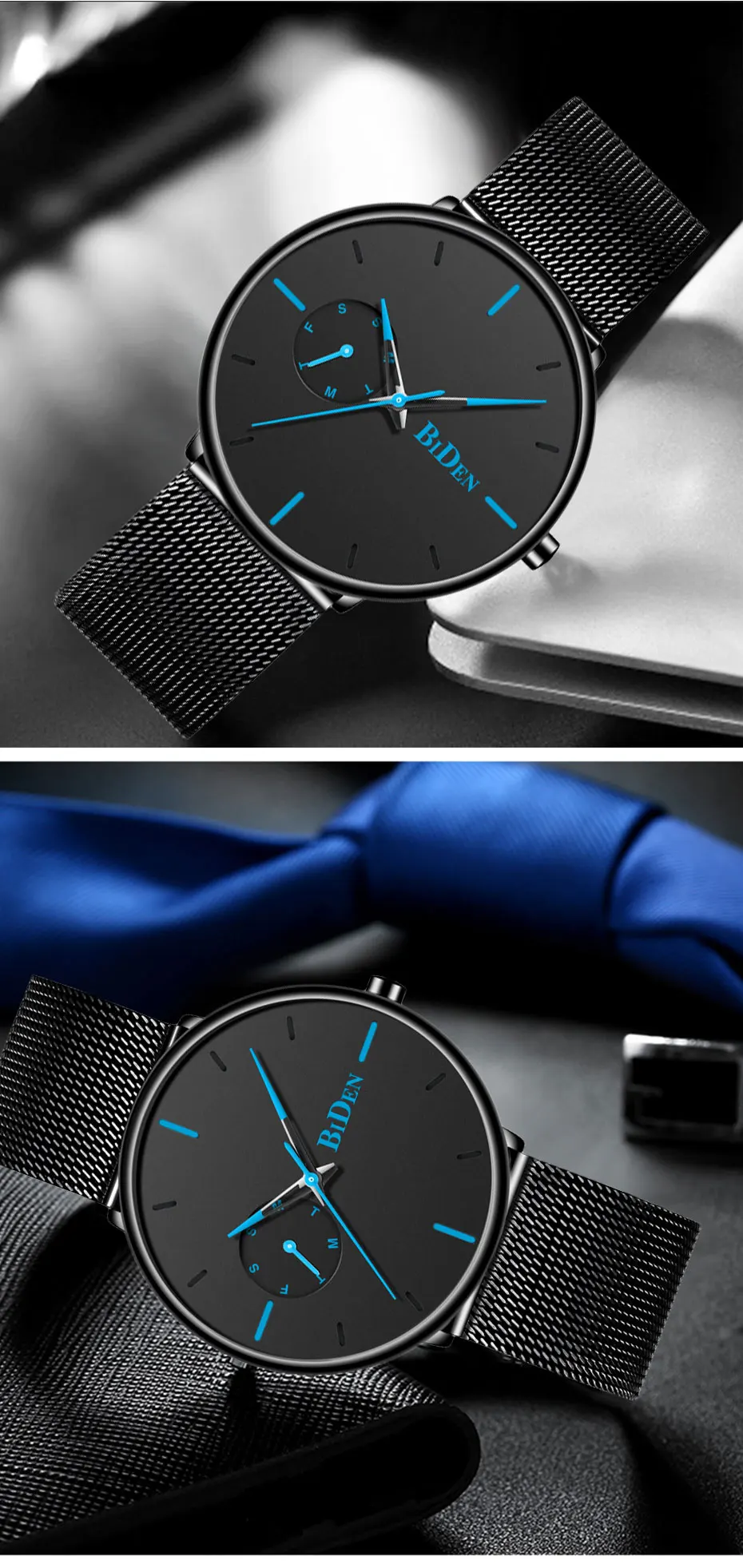 Reloj Hombre BIDEN Top Brand Luxury Men Watches Waterproof Ultra Thin Date Wrist Watch Male Mesh Strap Casual Quartz Clock