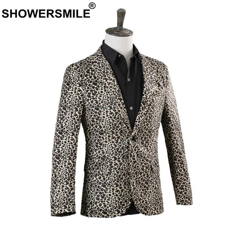 SHOWERSMILE Leopard Print Blazer Men Stage Jacket British Plus Size 3XL Spring One Button Dance Stage Costumes For Singers