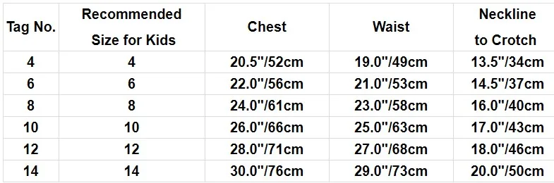 Dance Costume Size Chart