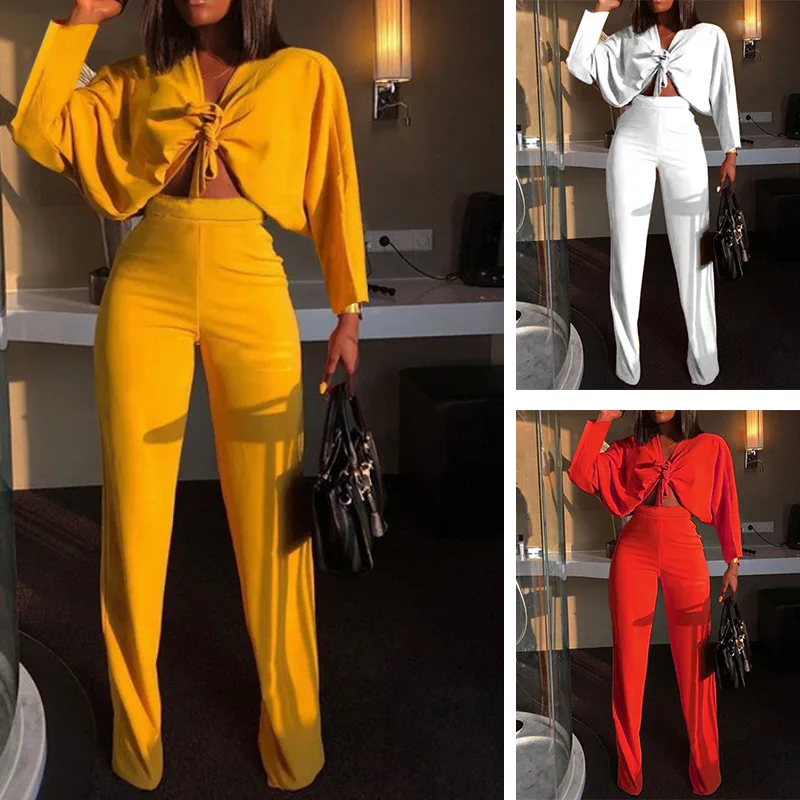 

Elastic Waist Solid 2 Piece Set Women Pant and CropTop Full Sleeve Female Pants Set V Neck Bow Women Set Matching Set