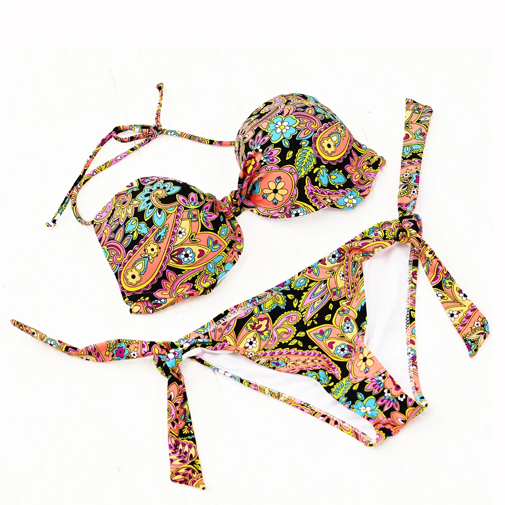 

Women Bohemian Style Two Piece Bikini with Flower Print Fine Suspender Printed Bathing Suit beach swimsuit bathing suit women