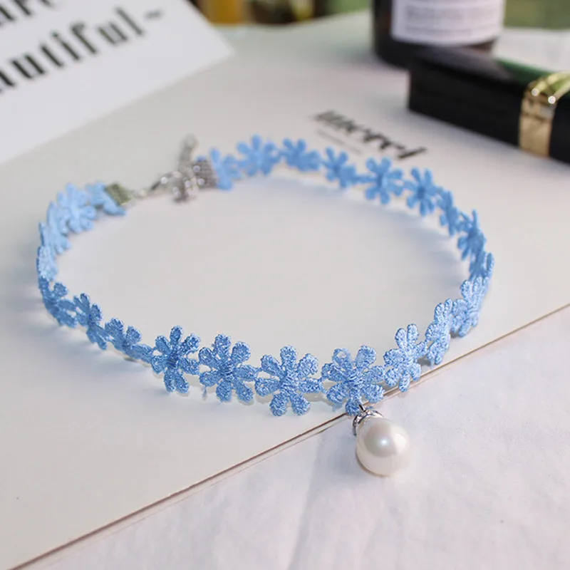 

Fashion Women Girls Sweet Cute Blue Flower Lace Simulated-pearl Choker Necklace Lovely Daisy Floral Choker Collar Simple Jewelry