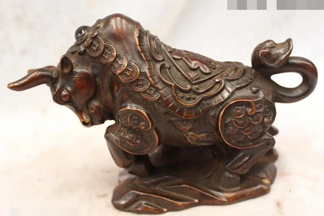 

xd 002766 6"Chinese Purple Bronze carved eximous lifelike Lucky Money Ox Statue