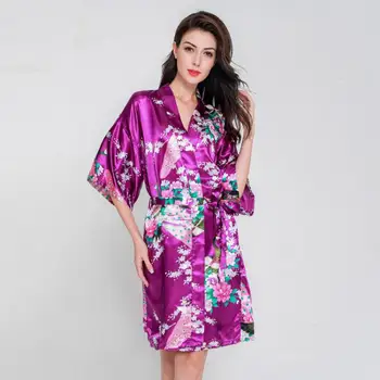 

Hot Pink Ladies Summer Faux Silk Robe Dress New Style Sleepshirt Sexy Mini Nightgown Kimono Bath Gown Floral Plus Size WC097