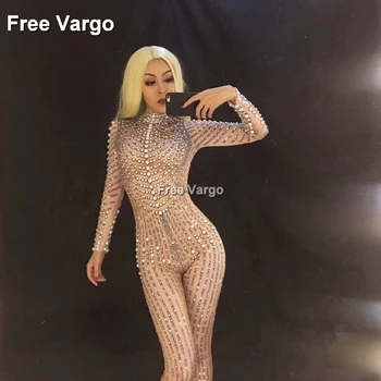 

Bling Jumpsuit Sparkling Crystals Pearls Stage Bodysuit Outfit Wear Women Nightclub Party Dancer Singer Costume Wear