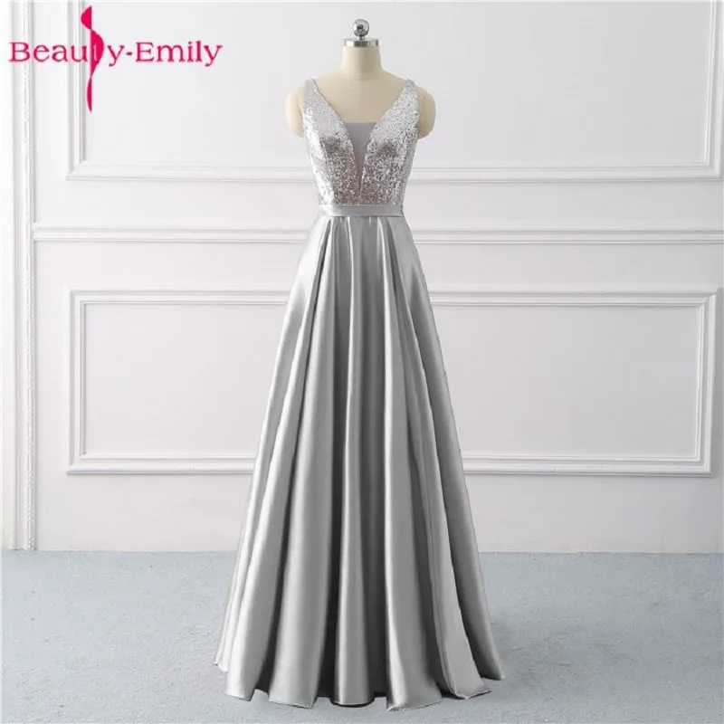 

Beauty Emily Sequined A Line Gray Evening Dresses 2019 Long V Neck Formal Evening Gowns Party Prom Formal Party Dresses