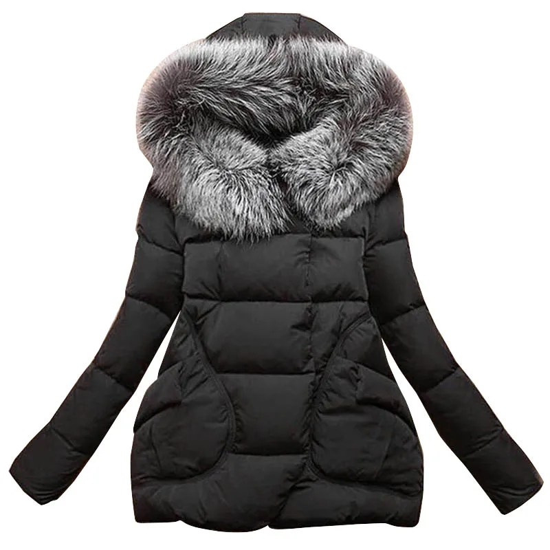 

New Winter 2018 Women Jackets Cotton Full Sleeve Covered button with pocketswomen Hat with FeathersLight Down Jacket CC009