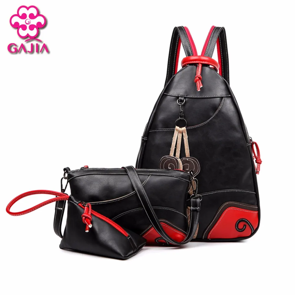 

GAJIA NEW Fashion Vintage Leaf Stitching Shoulder Bag Backpack three sets Multifunction Chest Women Leather Backpacks Designers