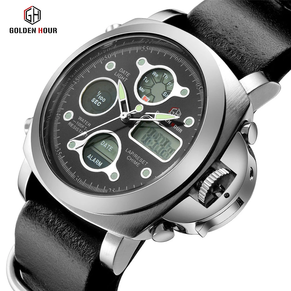 

GOLDEN HOUR Top Brand Luxury Watch Leather Strap Dual Display Mens Watches Sport Waterproof Quartz Wristwatch Relogios Masculino