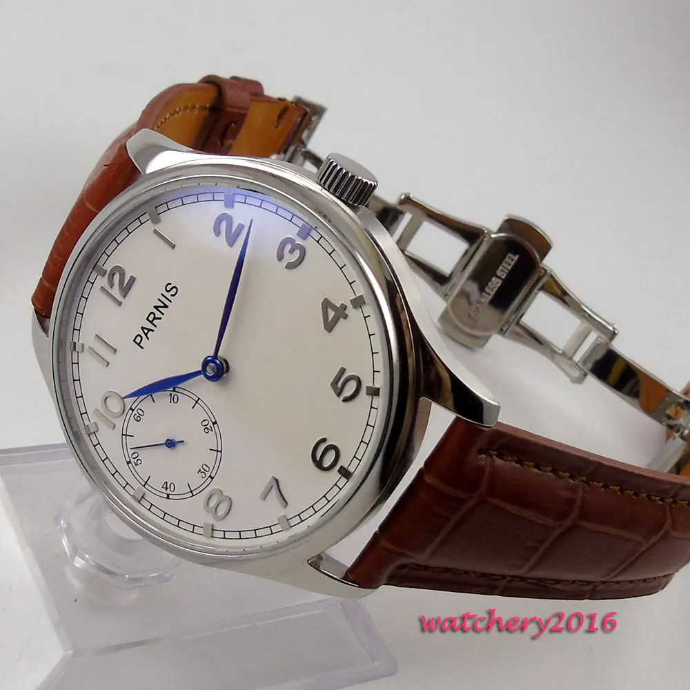 

44mm Parnis white dial Leather Deployment Buckle Blue Hands 17 jewels 6497 Movement Hand Wind Mechanical Men's Wristwatches