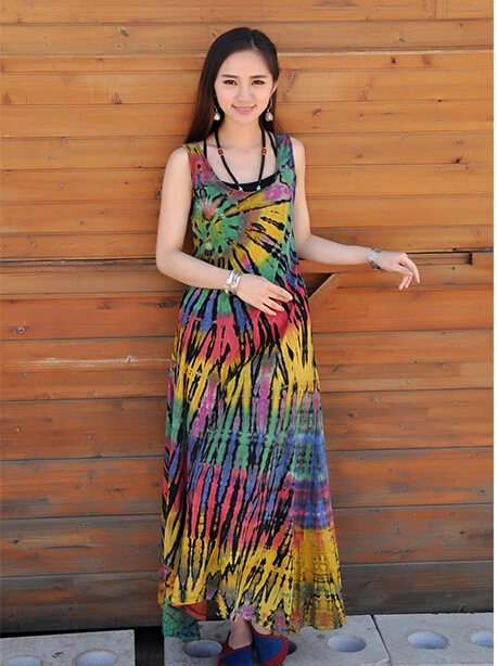 Thailand import pure manual color tie dye dress tide brand cotton dress ...