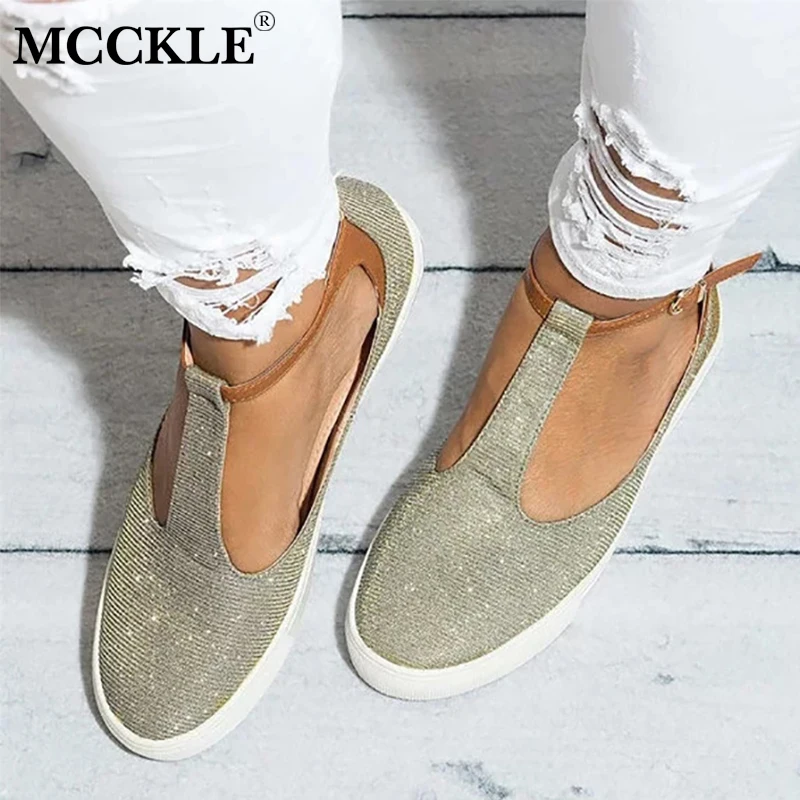 

MCCKLE Autumn Women Flats Plus Size Shoes Female T Strap Platform Glitter Fashion Rome Style Buckle Strap Casual Footwear