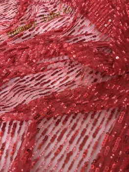 

red colour embroidered tulle fabric with beads sequins bridal french net lace fabric S186120 for wedding dress