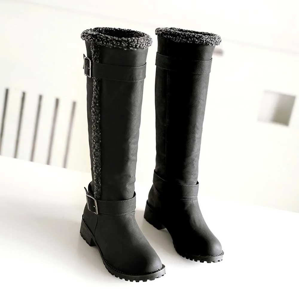 Motorcycle Boots Suede For Women Winter Boot Long Tube Stylish Mid Heels Warm Fur Knee-High Shoes Buckle Strap Riding Botas