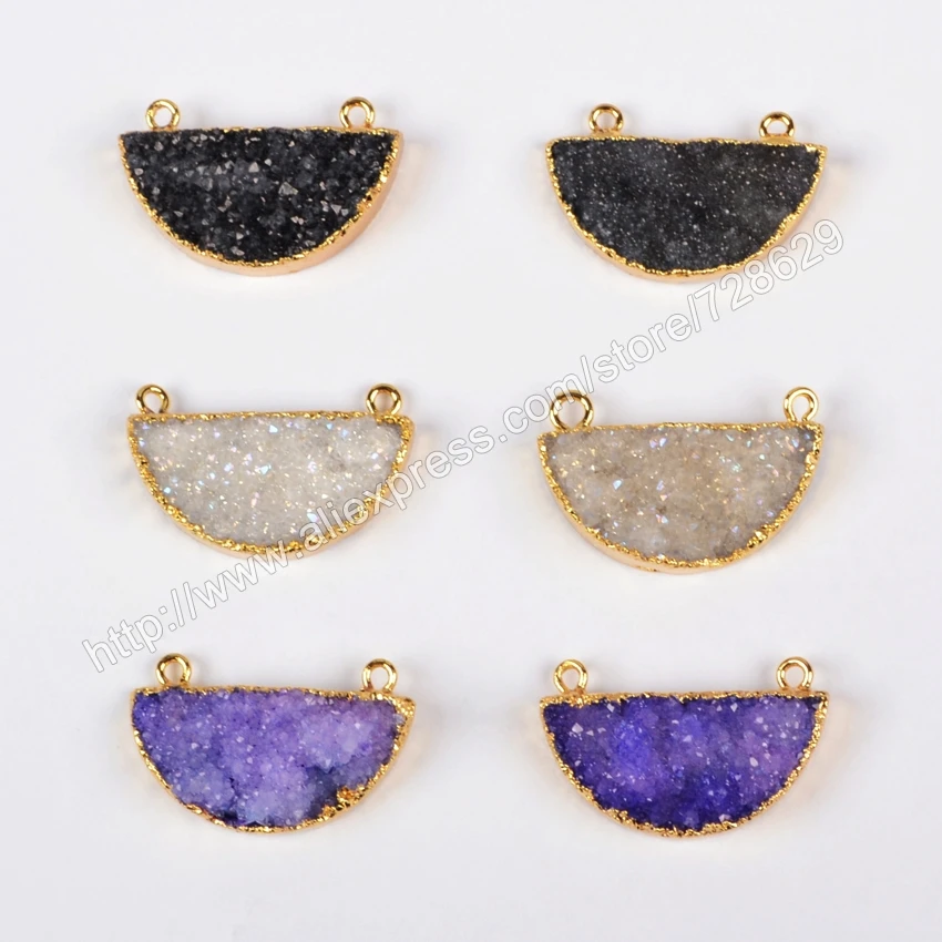 Gold Plated Half Moon Rainbow Agate Druzy Geode Connector Purple Black AB Color G0677