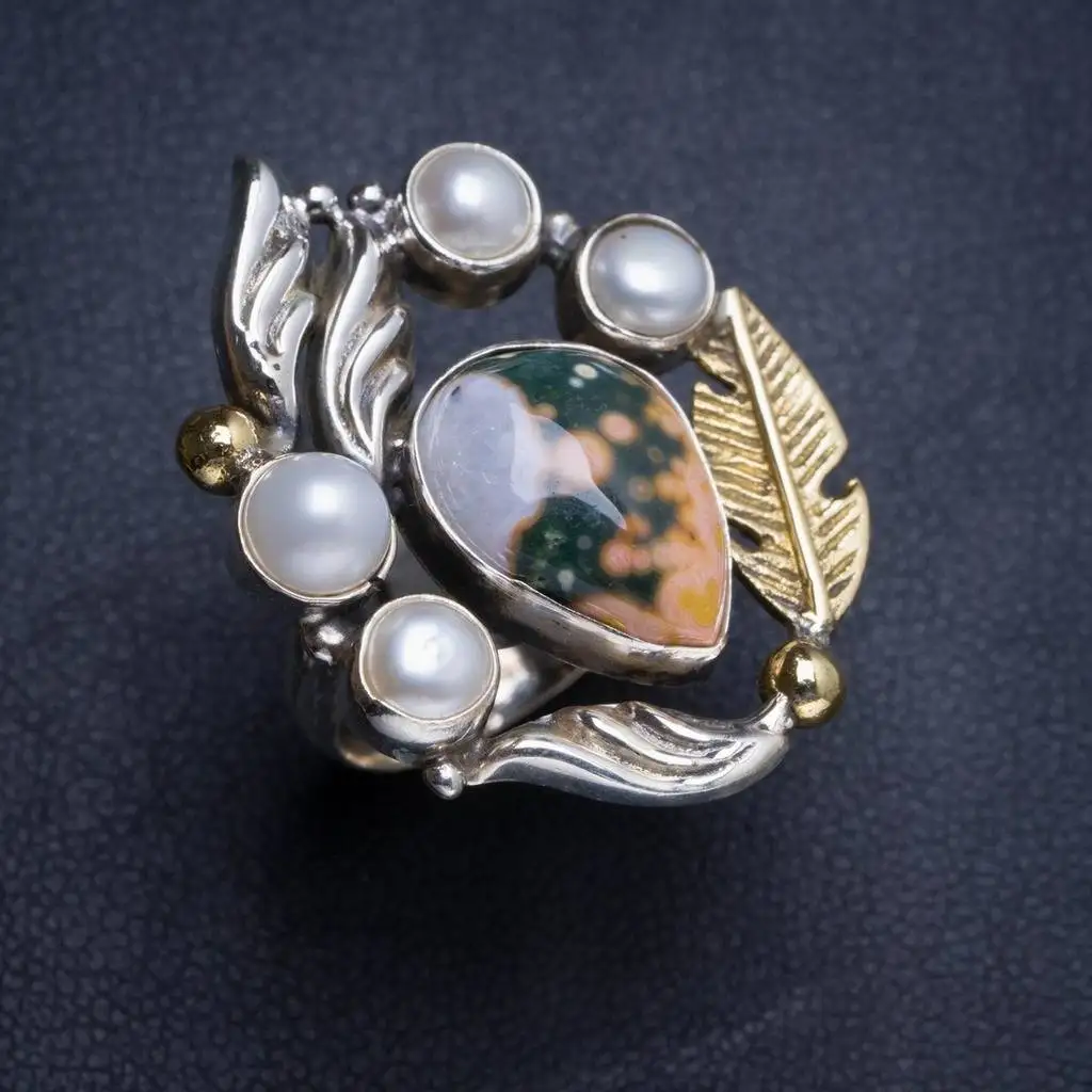 

Natural Ocean Jasper and River Pearl Two Tones Feather 925 Sterling Silver Ring 5.5 Y4662