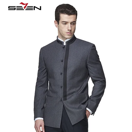 Seven7 бренд для мужчин пиджак Slim Fit воротник стойка повседневное Бизнес Формальные Блейзер китайское пальто мужской портной индивидуальный заказ - Цвет: Gray