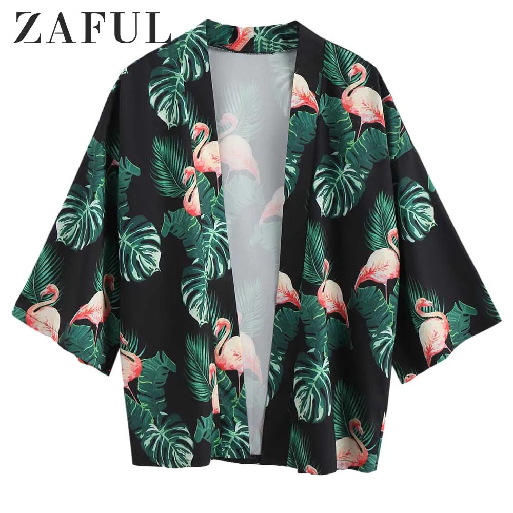ZAFUL Фламинго с принтом пальм спереди открытым кимоно Кардиган Monstera длинным