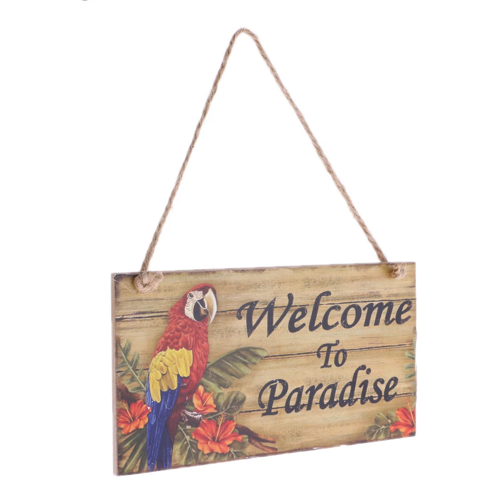 Vintage Welcome To Paradise Wooden Plaque Sign Board with Jute Twine Hanging Signs for Home Garden Decor