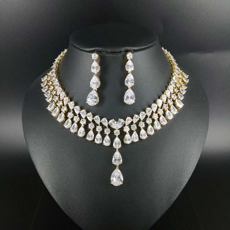 

2019 new fashion retro luxury crystal little water drop zircon golden necklace earring set,wedding bride banquet dinner jewelry