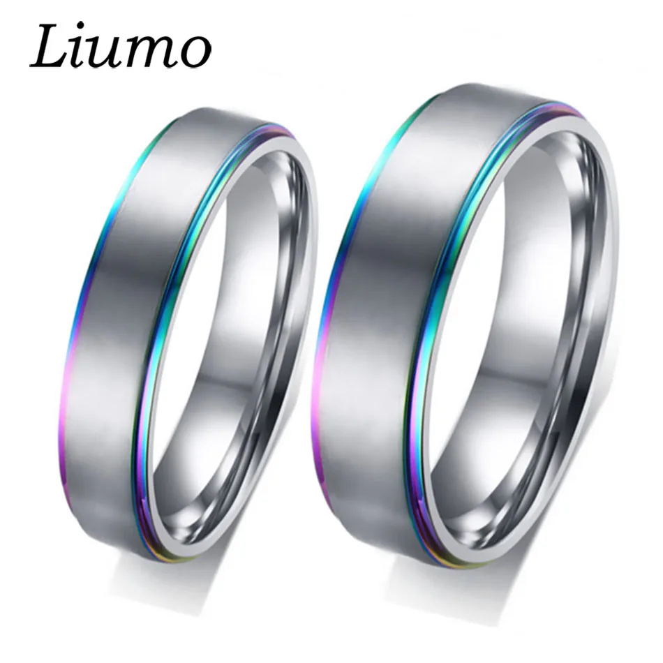 

Liumo Trendy Colorful Rainbow Color Simple Men Women Stainless Steel Statement Couple Ring Lr705