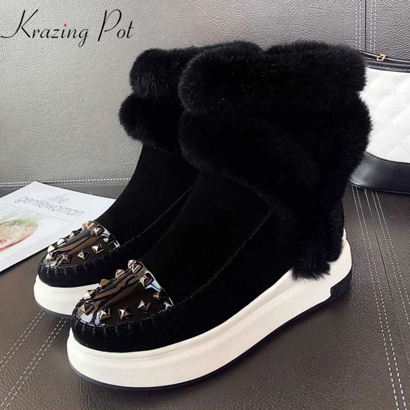 

krazing pot cow suede natural fur snow boots rivets-studded gorgeous cold protection waterproof keep warm Winter ankle boots L88
