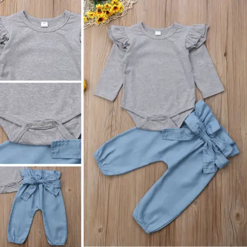 Мода для малышей для маленьких девочек из хлопка с длинными рукавами серые Топы Ползунки бантом Джинсовые штаны; верхняя одежда осенняя одежда