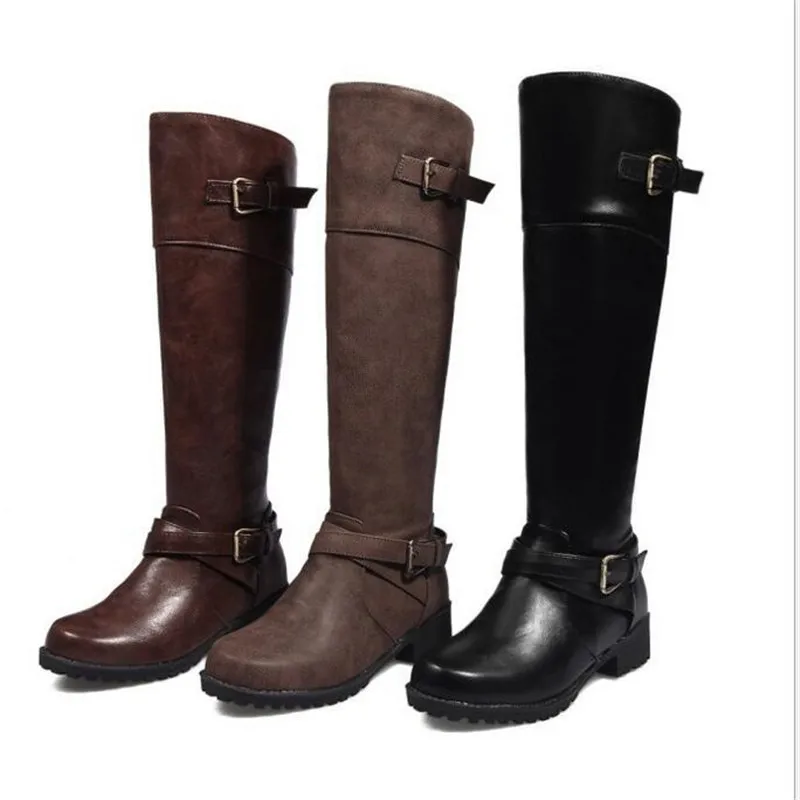 

2019 Vintage Style Winter Women Knee High Boots Low Heel Buckle Botas Anti-skid Motorcycle Bootie Chaussures Femme Black Brown