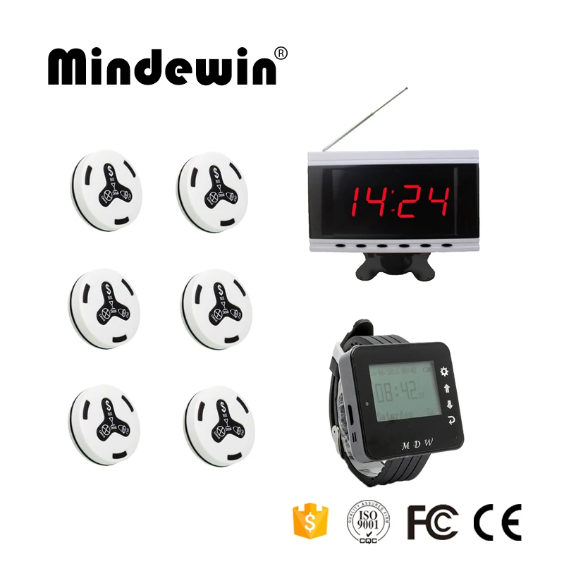 

Mindewin 2017 Most Cheap Restaurant Calling System 10PCS M-K-4 Call Button,1PC Watch Pager M-W-1 And 1PC Display M-R-2 Pager