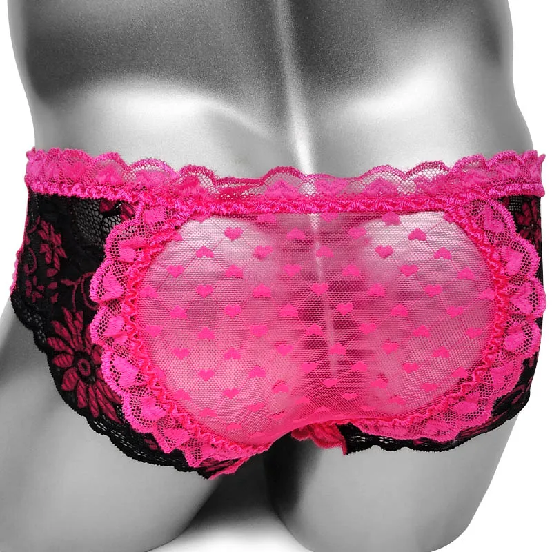 

Heart Dot Mesh Lace Patchwrok Sissy Boxers Shorts Underwear Men Gay Sexy Panties See through Back Male Cute Fashion Boxer