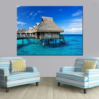 

HD Printed Canvas Pictures Framework Or Frameless 1 Panel Blue Sea Tropical Ocean Island Hut Poster Home Wall Art Decorative