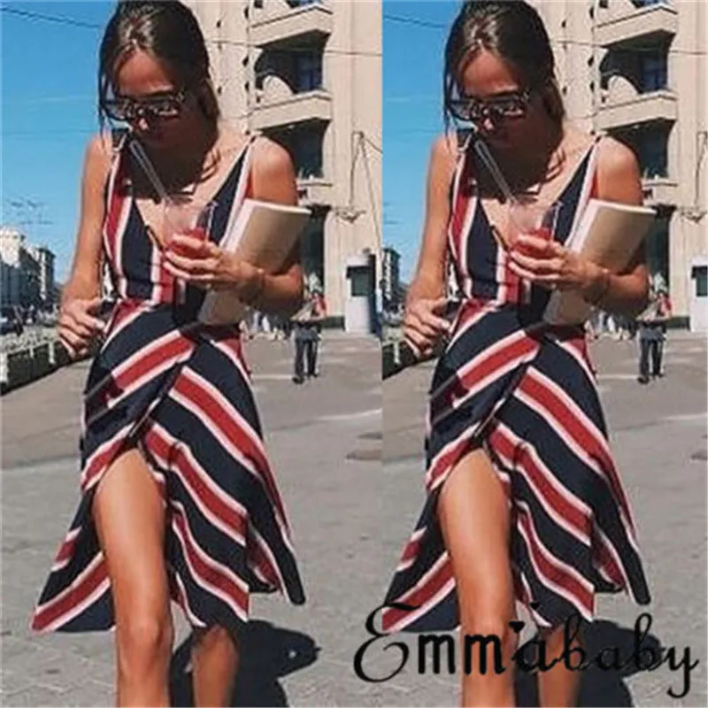

Trendy Women dress Summer V-neck backless striped Beach Ladies Party sleeveless Polyester Mini Dresses one pieces