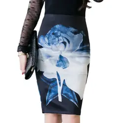 Винтаж печати юбка-карандаш плюс Размеры Лето Разделение Bodycon Эластичный юбка с цветочным рисунком Высокая Талия офисные Saia Миди-юбки