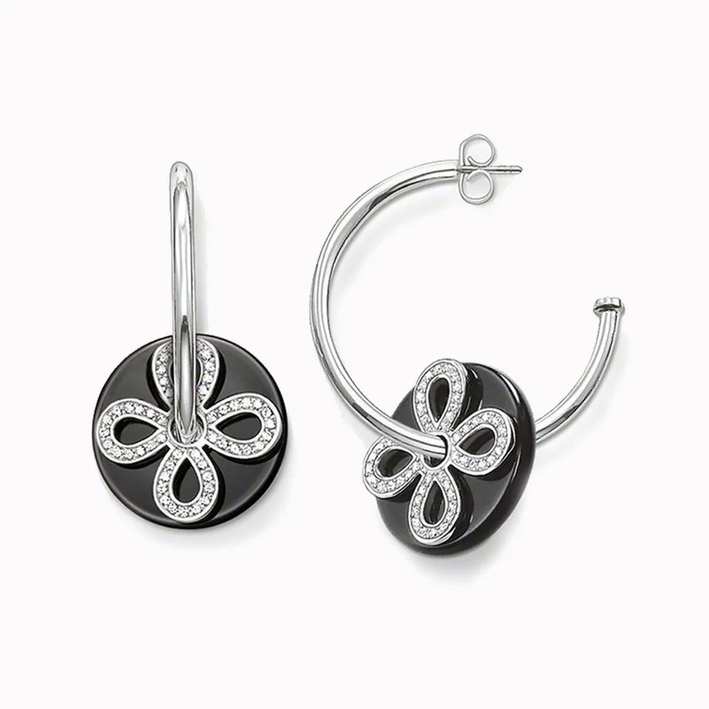 

Silver Chinese Knot & Black Onyx Disc Creoles Hinged Hoop Earring Fashion Thomas Style Creolen Earings Jewelry Gift For Women