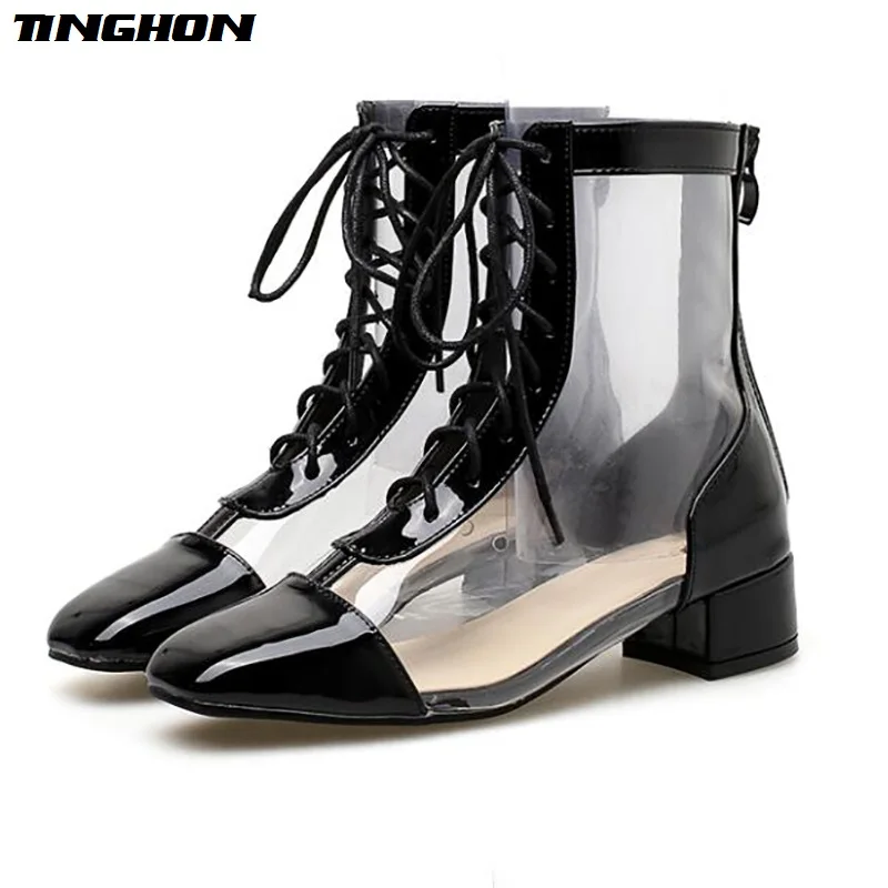 

TINGHON NEW Autumn Sexy Women PVC Transparent Ankle Boots Round Toe Lace-Up Pumps Women Shoes Chelsea Fashion Boots Size 35-40