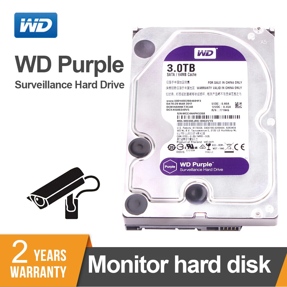 WD фиолетовый 3 ТБ SATA 6,0 ГБ/сек. 3," жесткий диск для камеры видеонаблюдения AHD DVR ip-камера NVR WD30EJRX