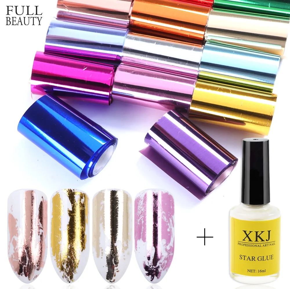 

1 Set Holographic Foils & 15ML Adhesive Glue Galaxy Star Foil Stickers Transfer Glue Decal Tool for Decoration Nails Tips CH1012