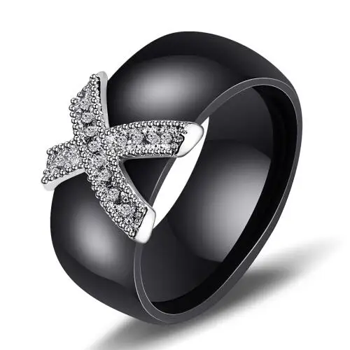 8mm White Black Ceramic Rings Plus Big Cubic Zirconia For Women Stainless Steel Wedding Ring Engagement Jewelry Never Fade - Цвет основного камня: Black
