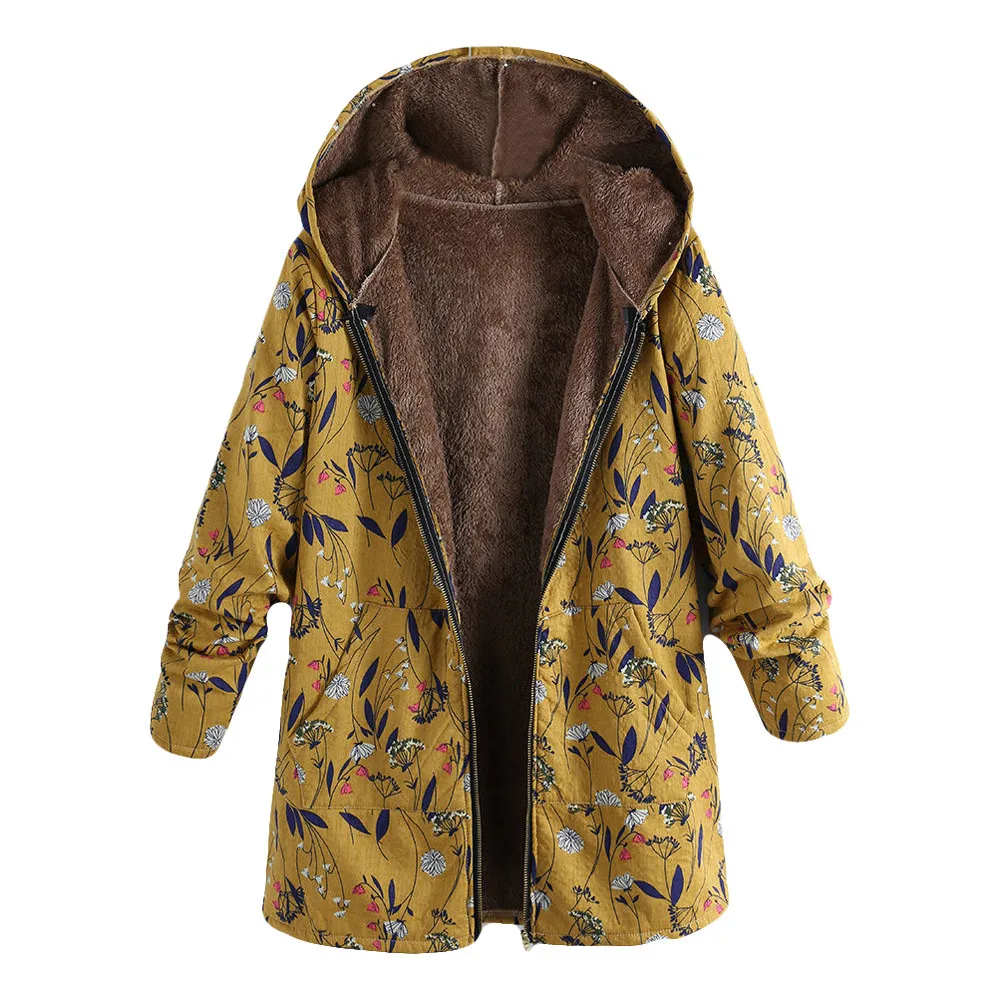 

New arrival womens coat Bohemian style Womens Winter Warm Outwear Floral Print Hooded Pocket Vintage lady Oversize Coats female