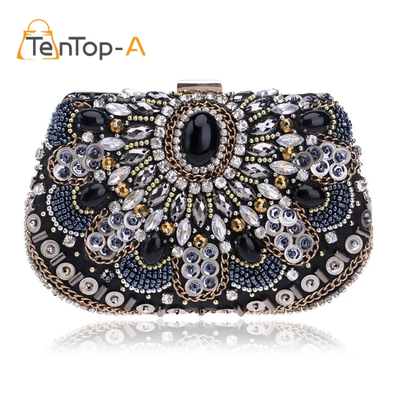 

2016 Hot Crystal Evening Bag Women Noble Diamond Wedding Mini Clutch Purse Lady Party Beaded Bag Black Evening Clutch Handbag