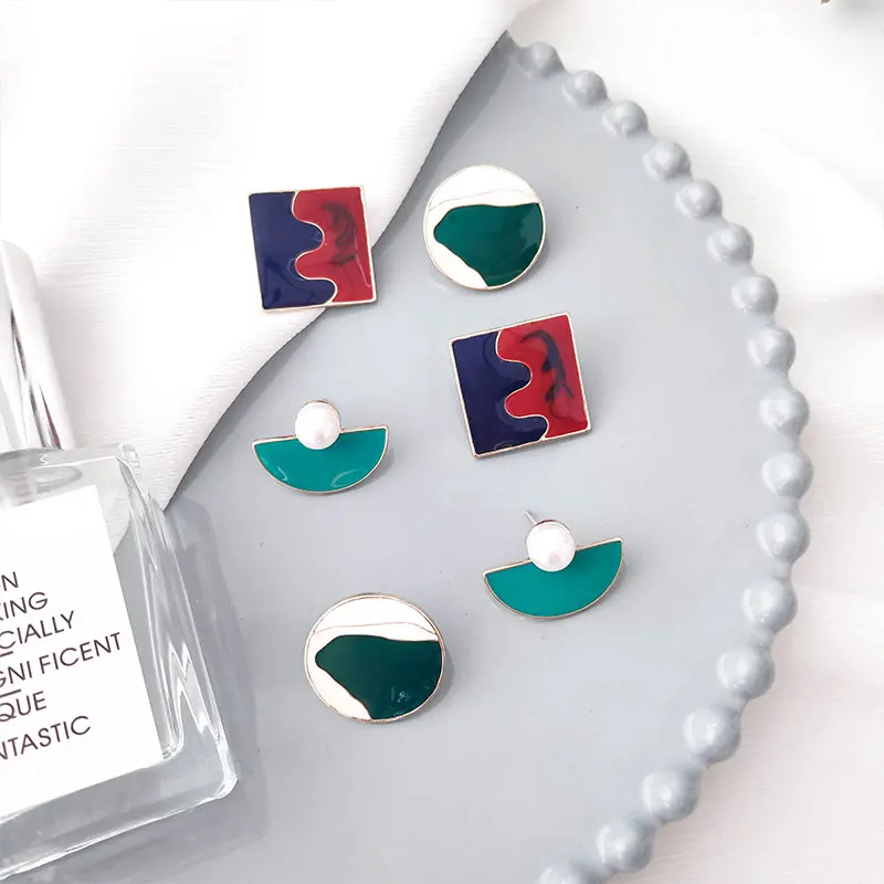 

New Colorful Glaze Irregular Waterdrop Geometric Round Square Asymmetric Stud Earrings for Women Girl Party Jewelry Pendientes