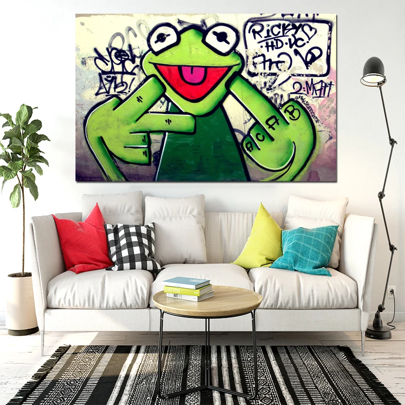 

2017 Street Frog Kermit Finger Graffiti Art Canvas Painting Banksy Wall Pictures For Living Room Printed for living room