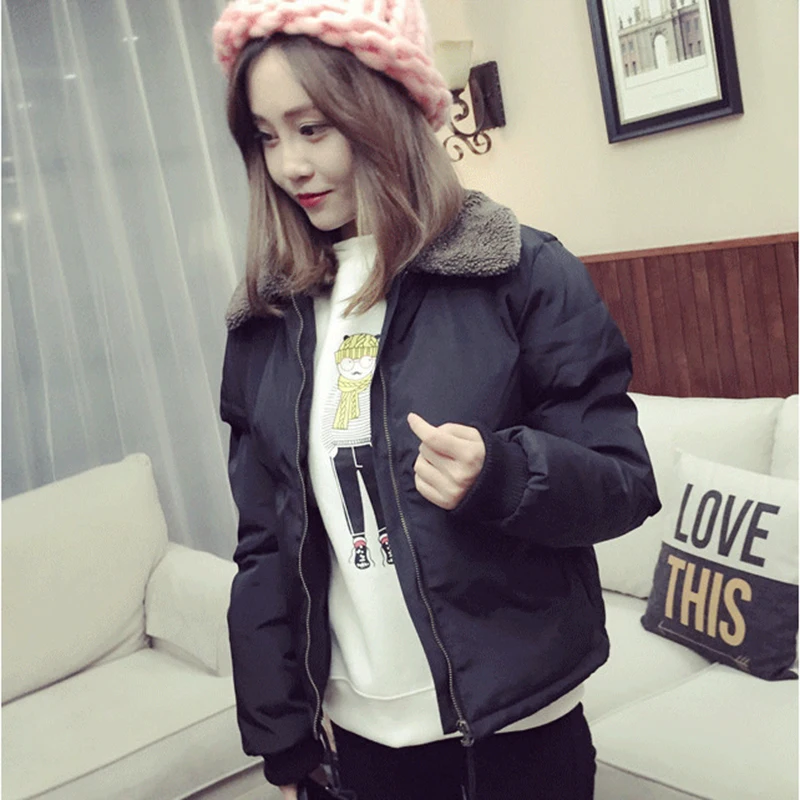 Lambswool Neck Winter Jacket Women Padded 2019 New Casual Loose Black Coats Ladies Warm Parkas Zipper Outerwear
