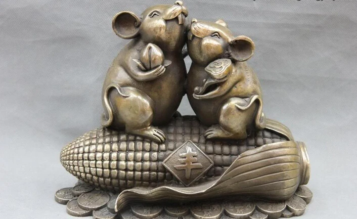 

Collectible bronze S2499 10 Folk Bronze Copper Fengshui RuYi Lucky Wealth Coin Two Mouse Statue B0403