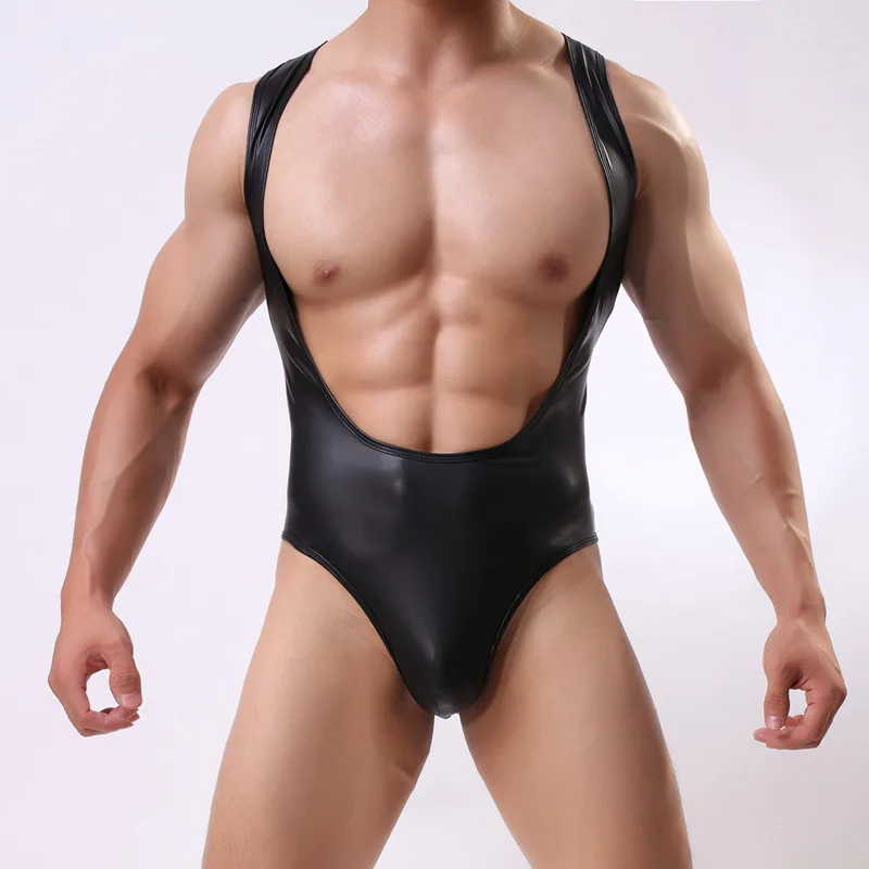 

New Cool Sexy Men's Bodysuit Men Piece Suit Leather Bodybuilding Suit Bodysuits Men Undershirt Wrestling Singlet Gay Jumpsuits